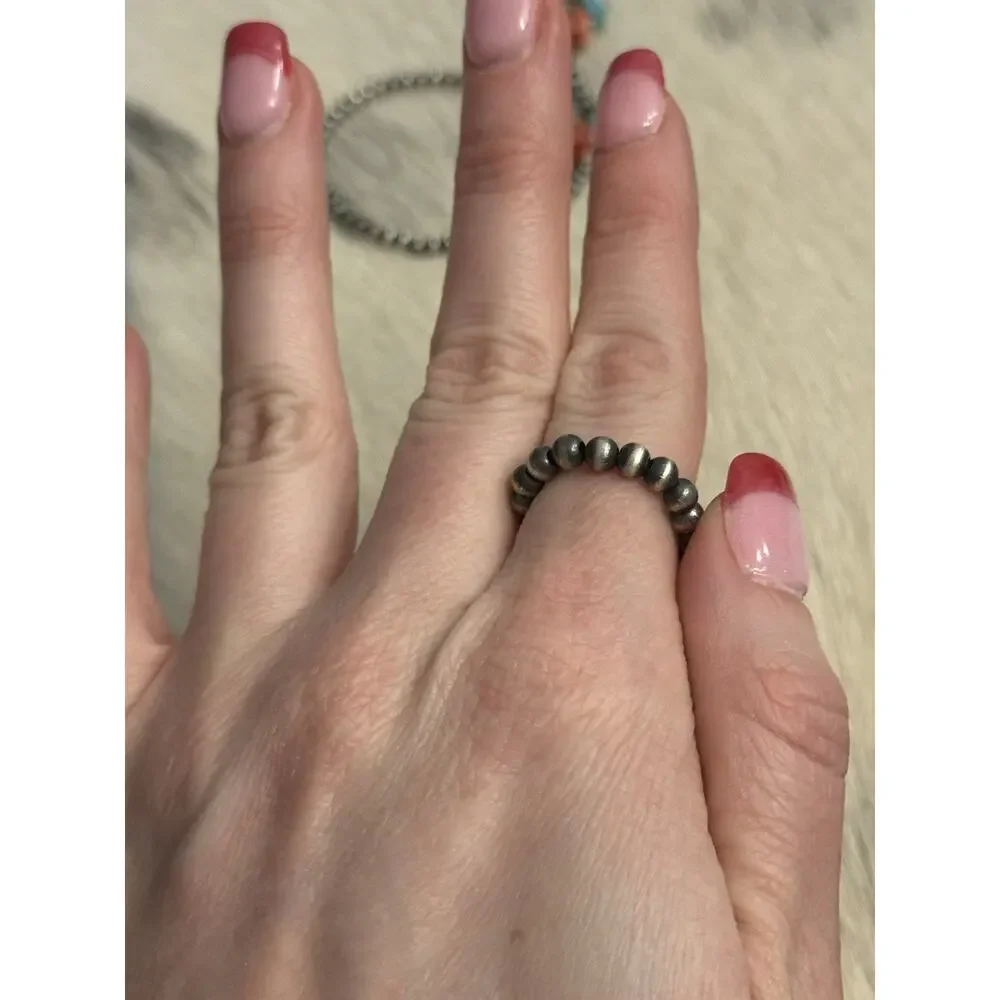 Native American Sterling Silver 4mm Navajo Pearl Stacker Stack Stretch Ring 925